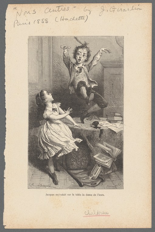 A boy leaps from a table with arms raised while a girl watches from below in an 18th-century engraving.