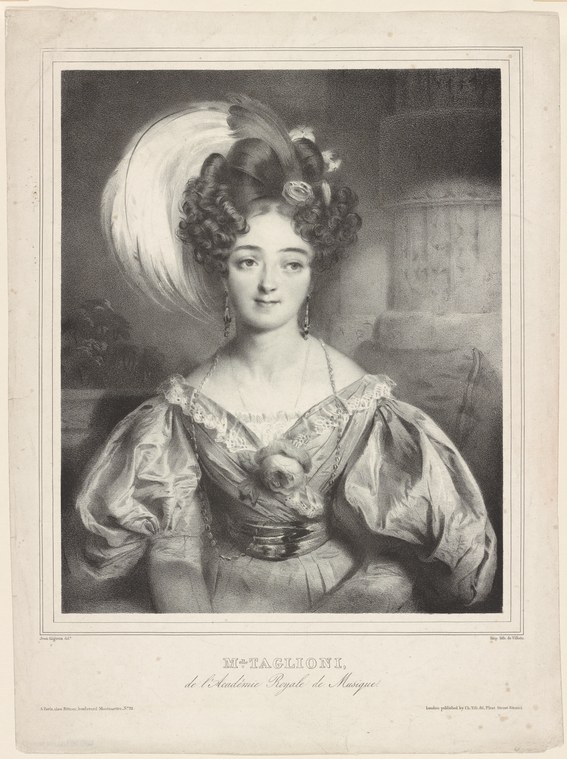 Engraved portrait of a young woman in Regency dress with an elaborate headdress, standing in three-quarter pose against a neutral background.