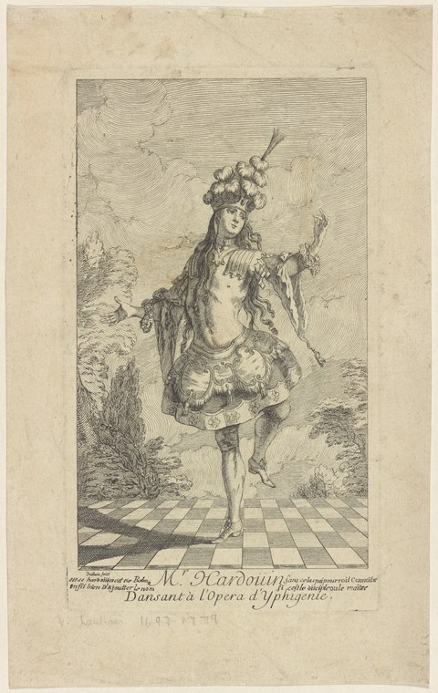 Engraving of a male dancer in elaborate costume with feathered headdress, standing in an open pose on a checkered floor.
