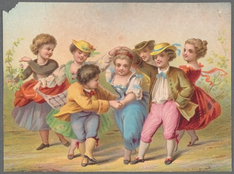 Six children in bright peasant and rustic costumes dance together joyfully in a pastoral setting.