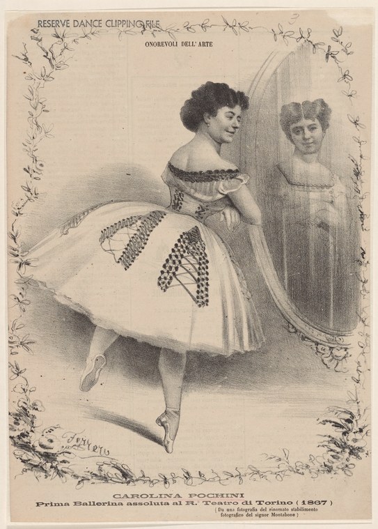 A ballerina in a white tutu and pointe shoes stands in repose, gazing downward, surrounded by botanical border ornaments.