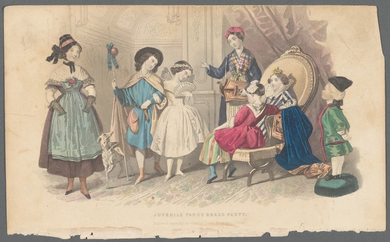 Hand-colored engraving of costumed children at a parlor party, gathered around a seated child in red dress, with a drum in the foreground.
