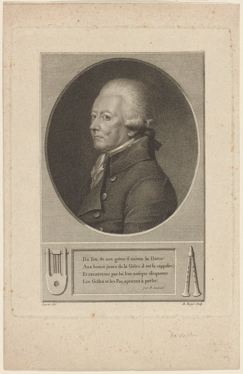 18th-century engraved portrait of a dignified gentleman in formal dress, with French inscription below honoring his contribution to dance.