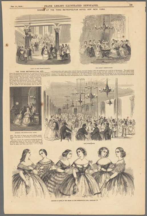 Five engraved scenes of a formal ball: guests on grand staircase, women's dressing room, hotel entry, supper room with chandeliers, and six women in ball gowns