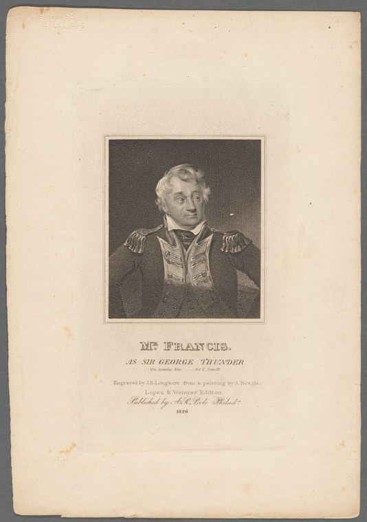 Portrait engraving of a man in military dress coat with gold epaulettes and white shirt, head turned slightly left, against dark background.