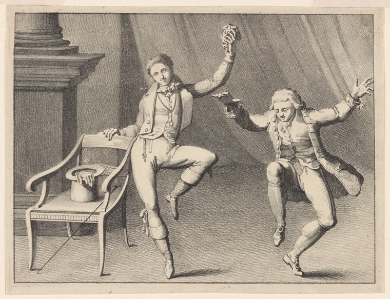 Two men in 18th-century dress leap joyfully in a ballroom, arms raised, toes pointed, in an engraving.