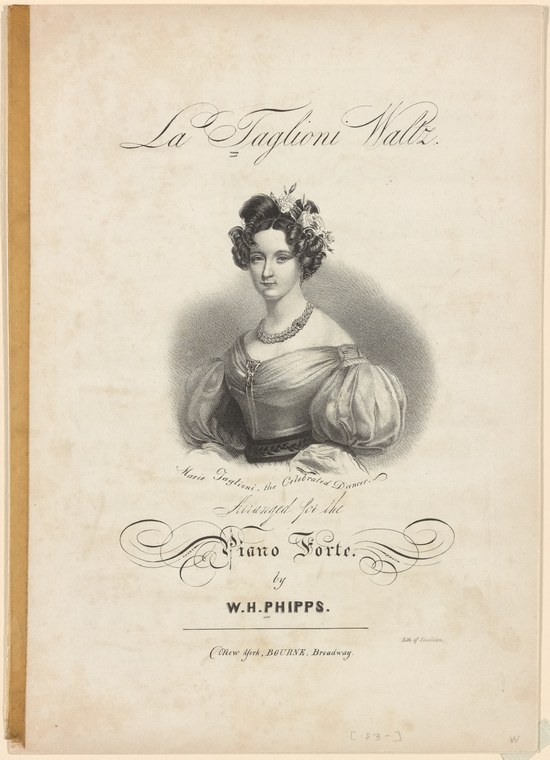 Engraved portrait bust of a woman in 1830s dress on a sheet-music cover for a Taglioni waltz arrangement.