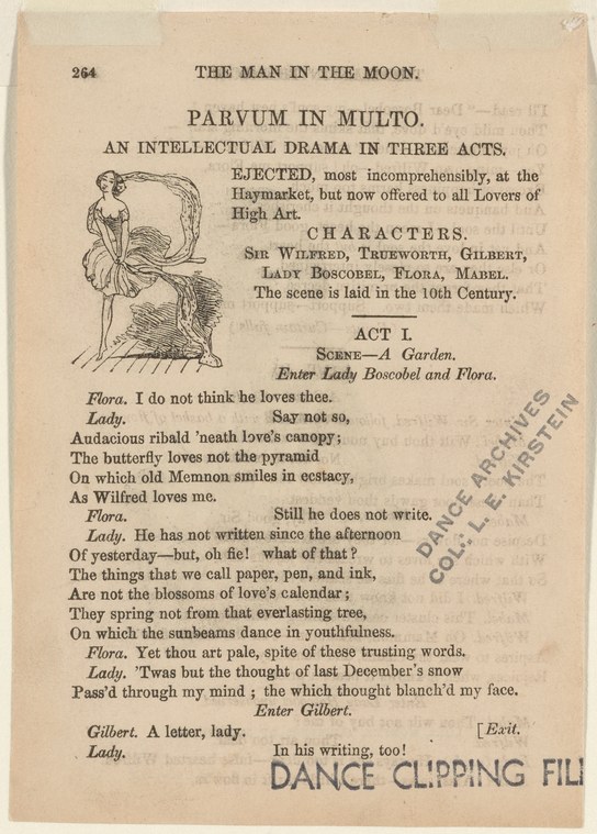 Printed page from Victorian theatrical work showing Act I dialogue between two female characters in a garden setting.