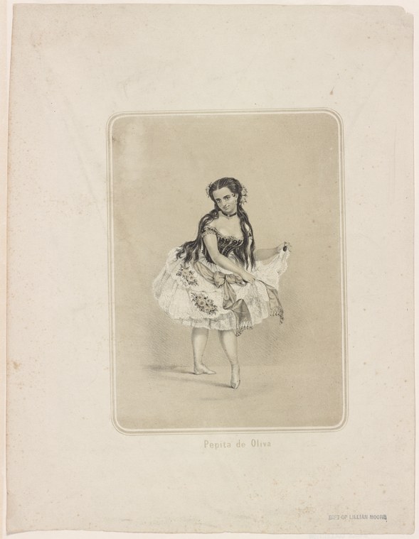 A young woman in romantic-era ballet costume—dark corseted bodice and decorated white skirt—stands in a posed theatrical stance, holding her skirt to display
