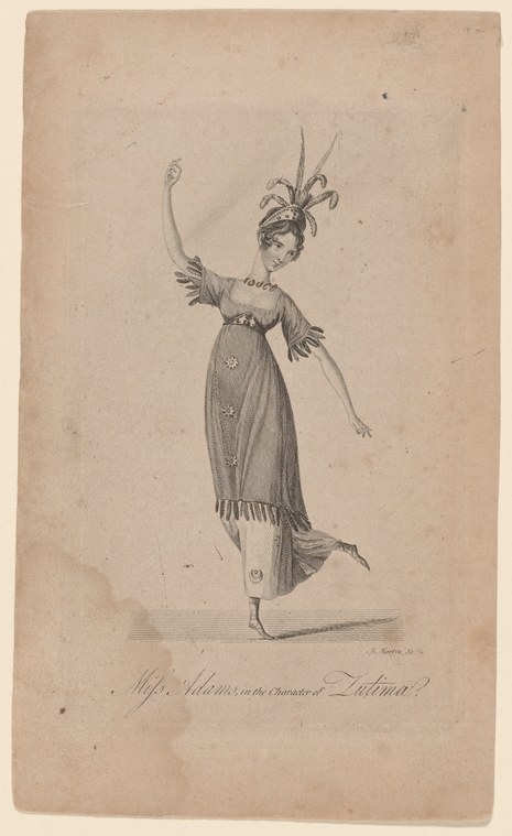 A woman in Regency dress and ornamental headdress stands in a graceful pose with arms extended, one raised upward, head tilted back.