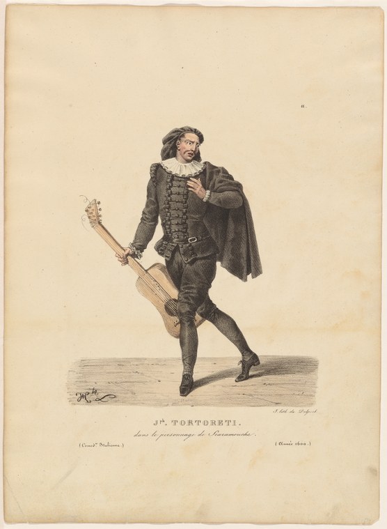 Engraved portrait of a male performer in early 19th-century theatrical costume, holding a lute and gesturing expressively, identified as J.ph Tortoreti in the
