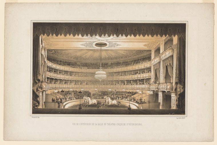 Hand-colored engraving of a grand theater interior with multiple tiered galleries filled with seated spectators, circa 19th century.