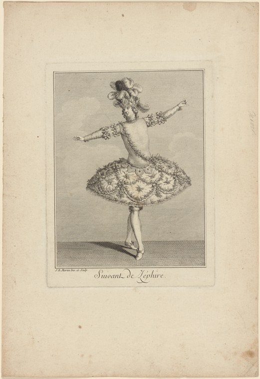 Engraved portrait of a female dancer in an elaborate dome-shaped skirt, arms extended, posing as Zephyr in baroque court dress.