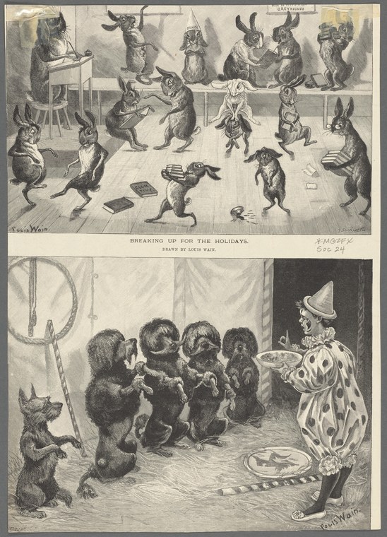 Two wood engravings: top shows anthropomorphic animals dancing wildly in a crowded tavern; bottom shows a clown entertaining seated figures.