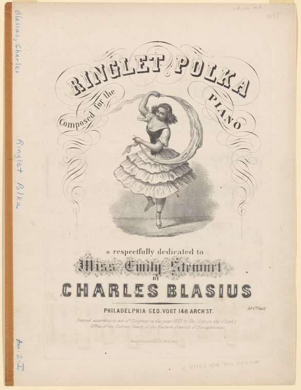 Engraved sheet music cover showing a young woman in a white ruffled dress, arm raised, captured mid-spin.