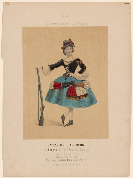 Woman in feathered hat, corseted bodice, and turquoise skirt holds a rifle and extends her arm in a theatrical pose.