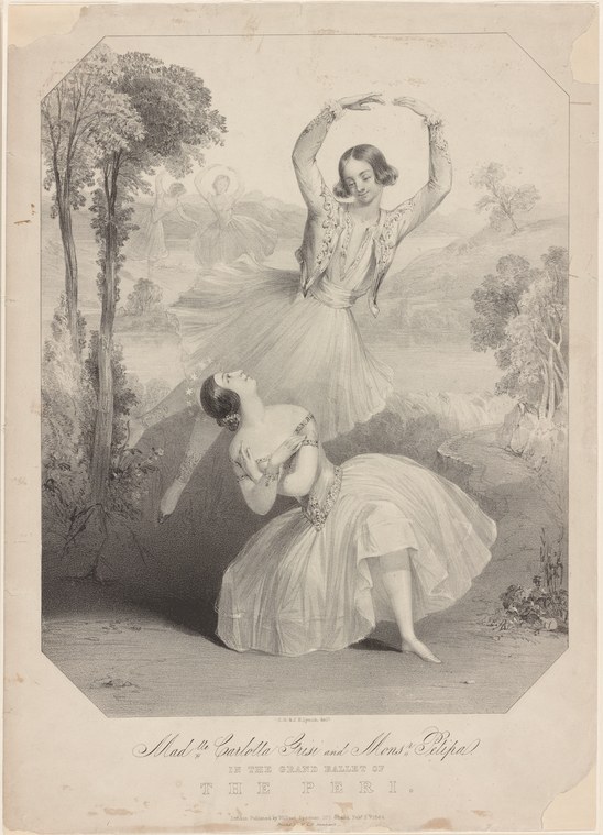Two women in white tutus in a wooded landscape; one stands with arms raised overhead, the other kneels gazing upward.