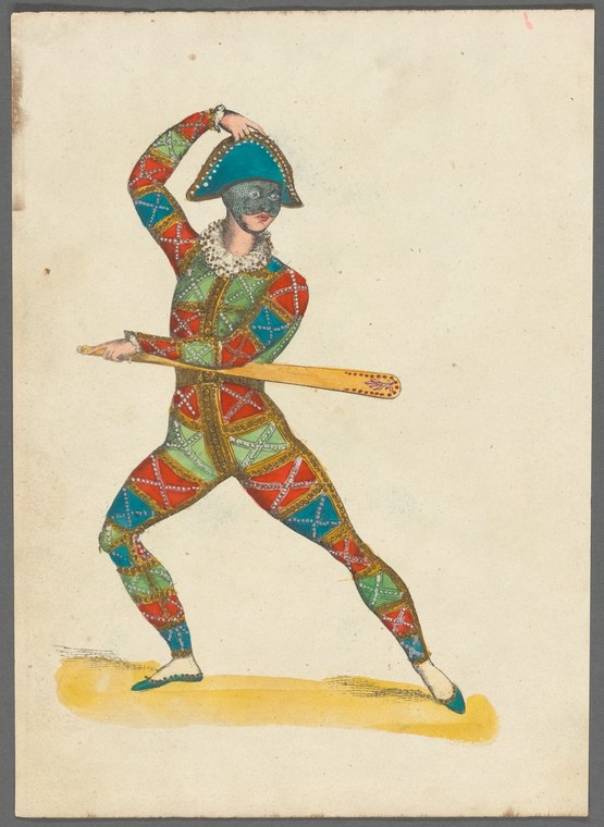 A man in a red, teal, and green diamond-patterned costume lunges across the frame, one leg extended, arms outstretched, holding a horizontal staff.