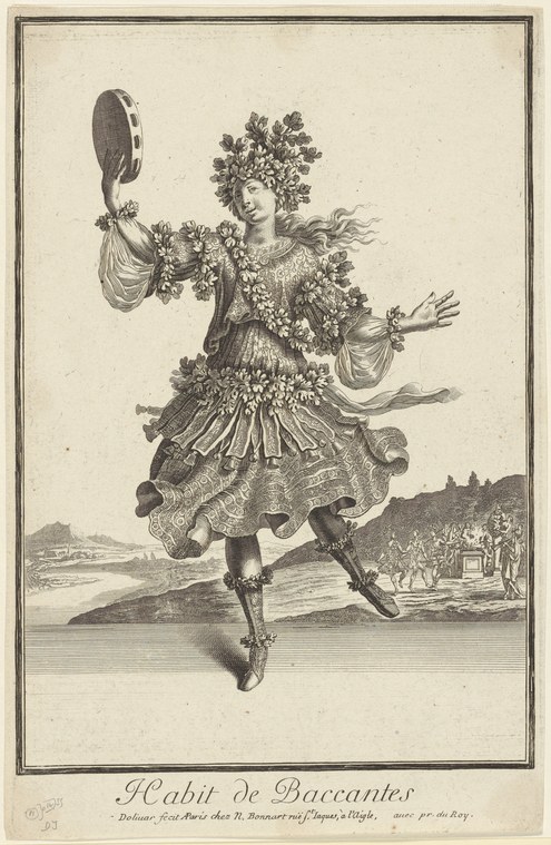 Engraved figure of a bacchant woman leaping across a river, wearing ivy crown, embroidered bodice, and pleated skirt, holding a tambourine aloft.