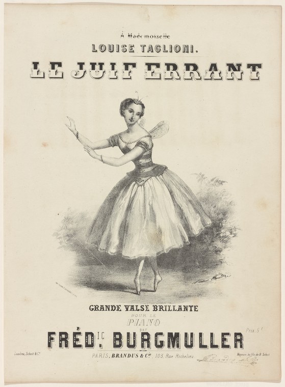 Woman in Romantic ballet costume holding palm fronds, three-quarter pose, mid-nineteenth-century lithograph