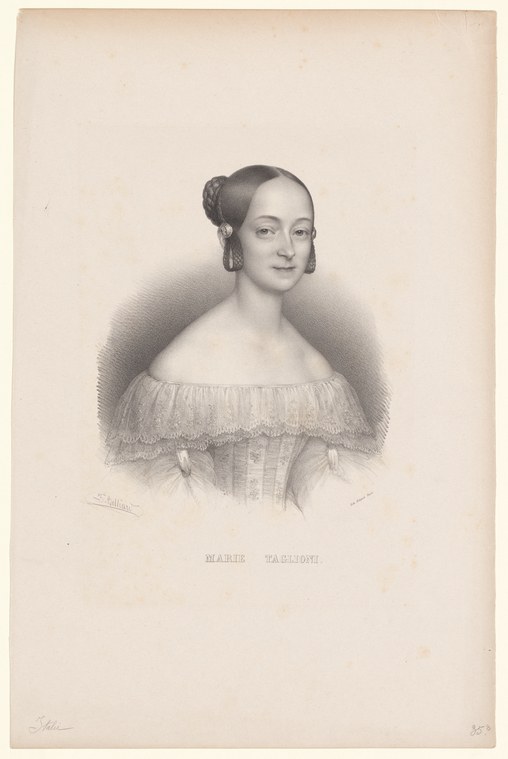 Engraved portrait of a young woman in 1830s dress with off-shoulder gown, dark hair with ringlets, serene expression, standing against pale background.