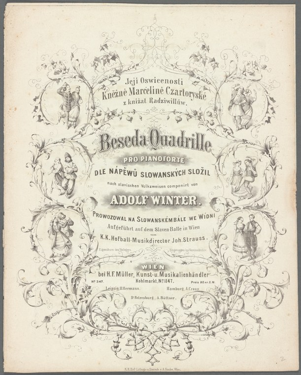Lithographed title page of a quadrille score with Rococo border of foliage and six pairs of dancers in Regency dress, Vienna, mid-19th century.