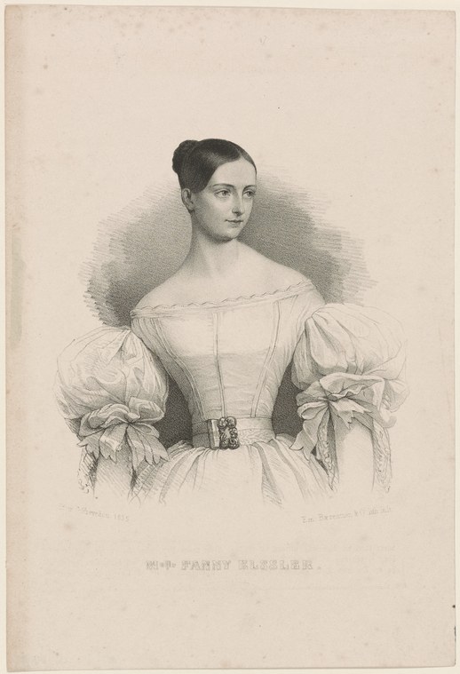 Portrait engraving of a young woman in 1830s stage dress with puffed sleeves and full skirt, standing in formal pose.