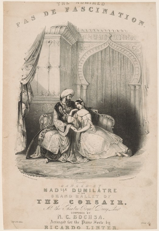 A mid-19th-century engraving of a ballet scene showing two female dancers in tutus and pointe shoes attending to a reclining man in ornate Eastern dress in an