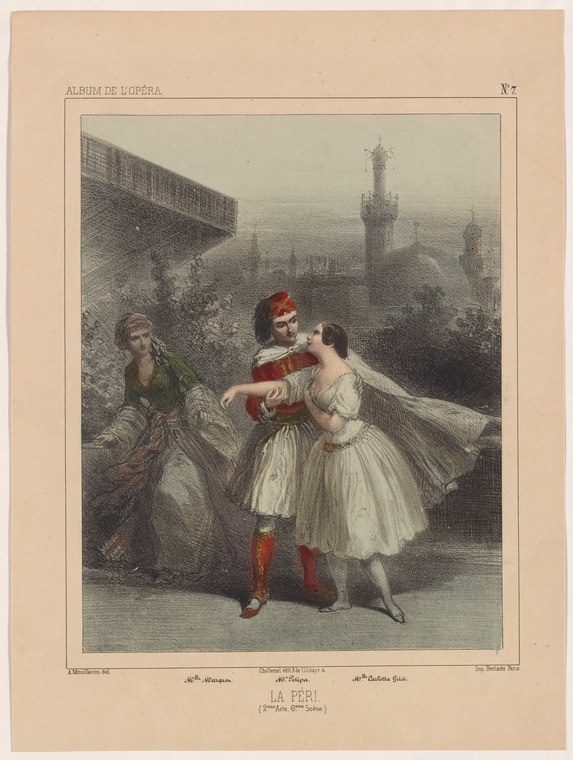 Hand-colored engraving: A male dancer in red tunic reaches toward a woman in white tulle on pointe as an older woman watches from a moonlit terrace overlooking