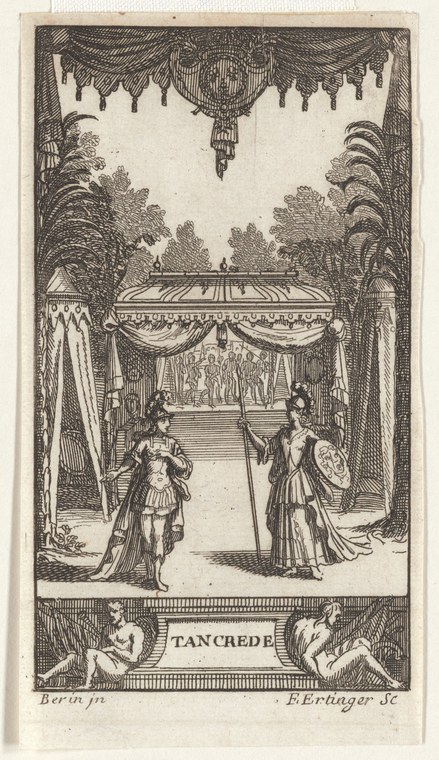 Two formally dressed figures stand in an ornate garden pavilion; a crowd of witnesses visible beyond in an interior space.