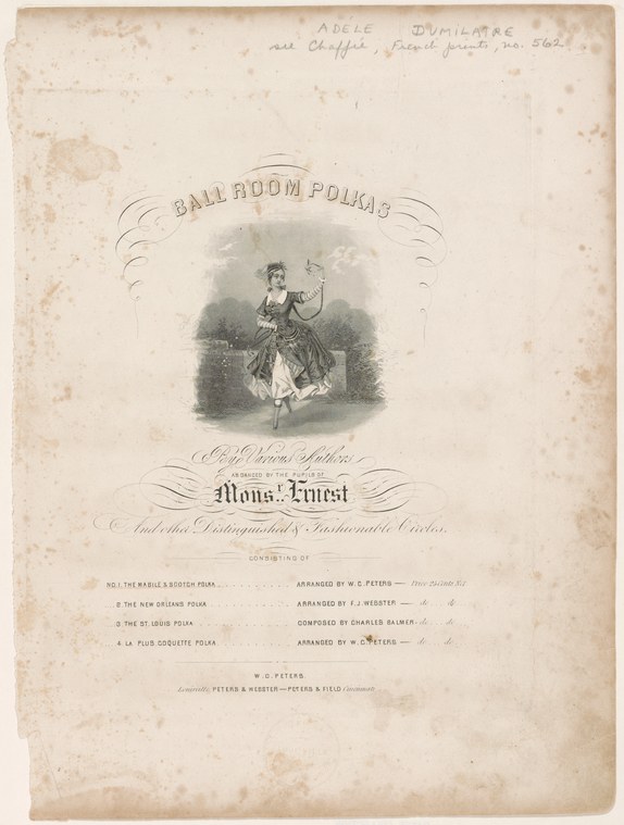 Engraved title page showing a woman in a full-skirted dress mid-turn, labeled "Ballroom Polkas by Monsr. Ernest."