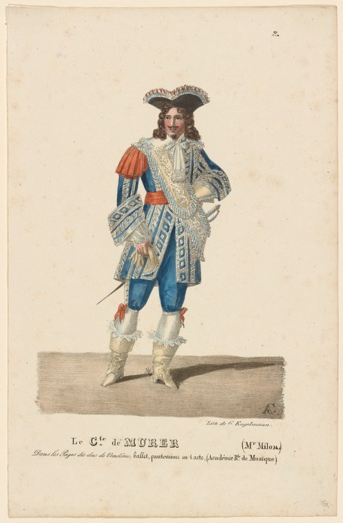 An eighteenth-century male dancer in aristocratic dress with embroidered coat, breeches, and heeled shoes stands upright with arms gently extended.