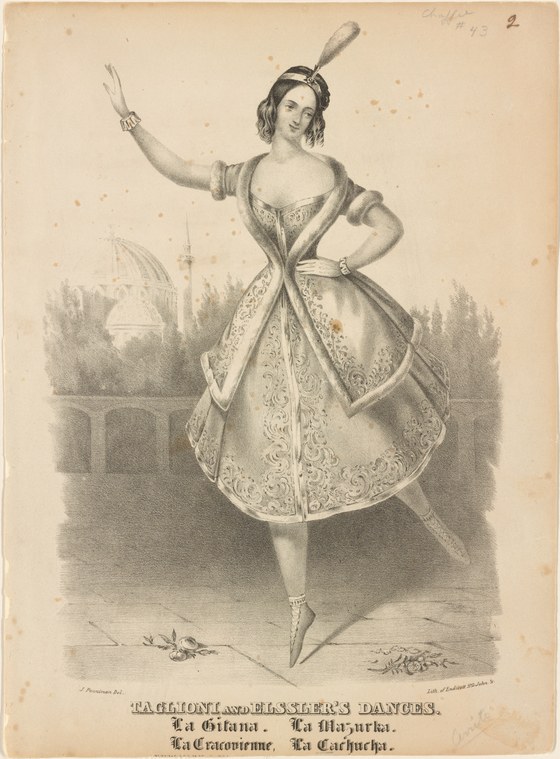 A female ballet dancer in Romantic-era costume, poised on pointe with raised arms against a distant landscape, engraved in fine linear detail.