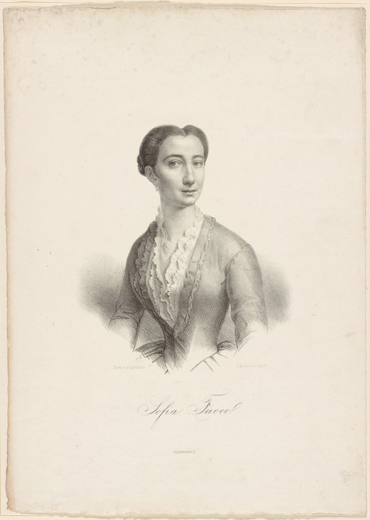 Lithographic portrait of a dark-haired woman in a fitted mid-19th-century dress with white lace collar, gazing directly at viewer.