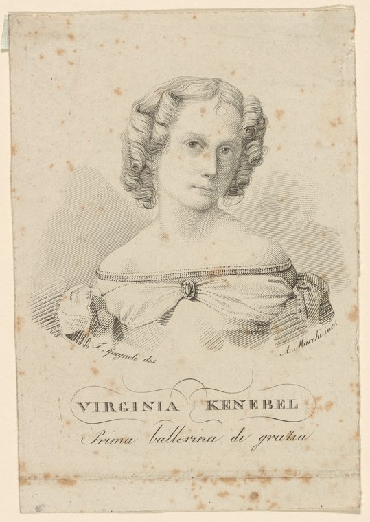 Engraved portrait of a woman with ringletted hair and draped shoulders, identified as Virginia Kenebell, prima ballerina di grazia.