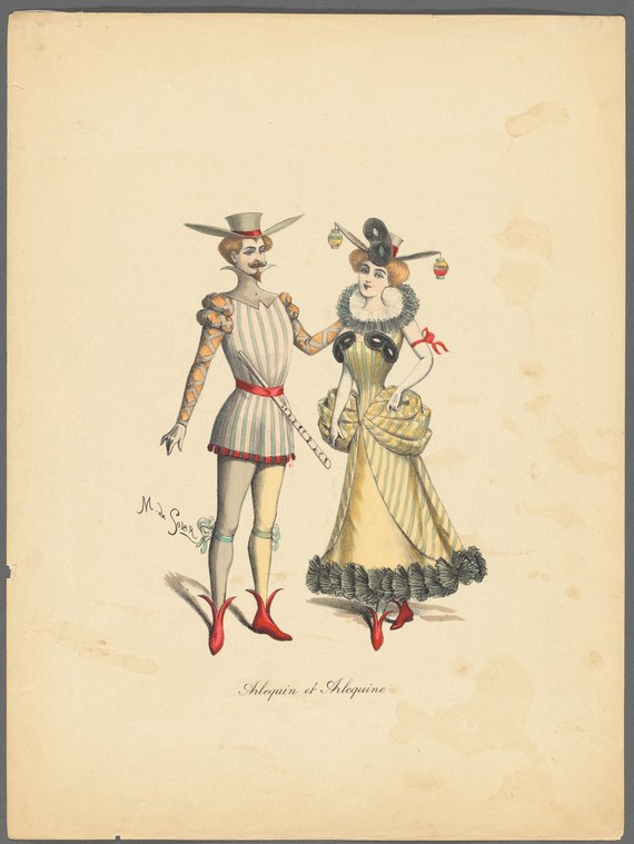 Two theatrical figures in 19th-century commedia costume: Arlequin in striped tunic and hat, Arlequine in long gown, facing each other with exaggerated poses.