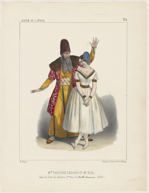 Hand-colored engraving of two dancers in Romantic costume mid-seduction: bearded man in fur hat and gold tunic gestures toward woman in white tutu and blue