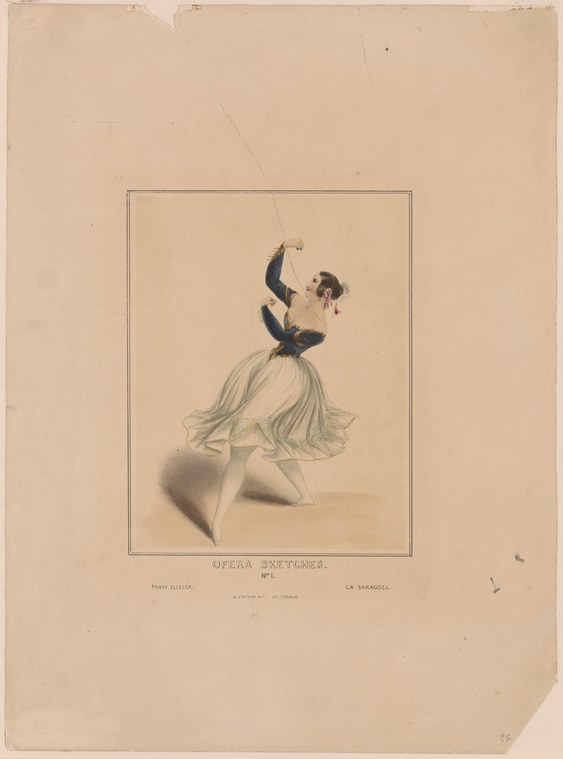 Fanny Elssler leaps in mid-air in a pale tulle skirt and dark bodice, arms and legs asymmetrically positioned, against a cream background.