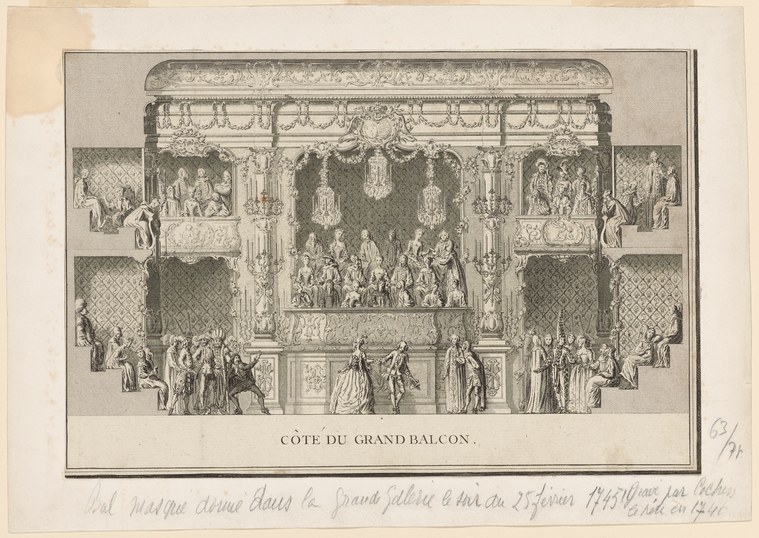 Engraved cross-section of a three-tiered theater with spectators in the galleries and a formal court dance taking place on the central stage.