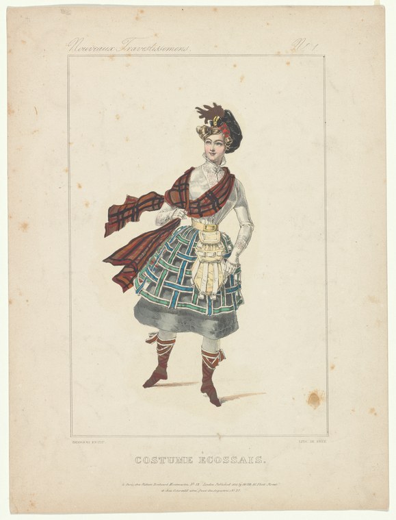 A woman in a plaid skirt, white blouse, and wine-red shawl stands in a theater pose, arms extended, suggesting a Romantic-era ballet costume.