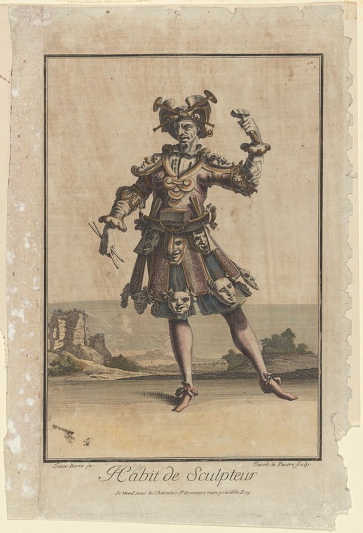Engraving of a dancer in elaborate costume: armor-like breastplate, short pleated skirt, feathered headdress, holding a sculptural tool, in contrapposto