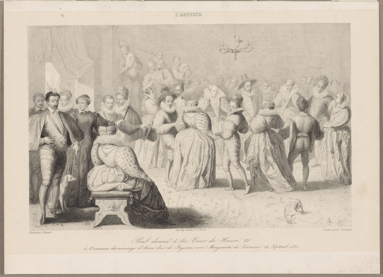 Late 16th-century engraving of a formal court ball with elaborately dressed couples and courtiers dancing and socializing in a columned hall