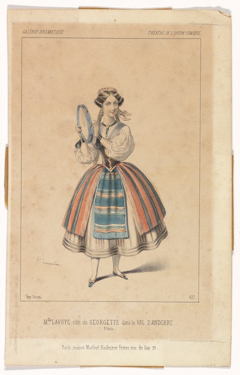 A woman in striped mid-19th-century theatrical costume holds a mirror, wearing a fitted bodice and layered skirt in red, white, and blue.