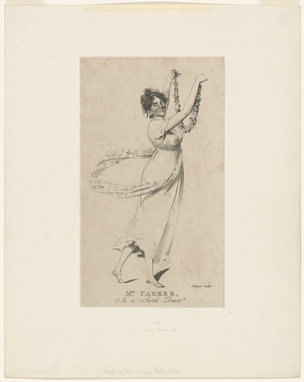 Woman in neoclassical gown leaps with arms raised holding ribbons; man looks upward from below in an engraved print.