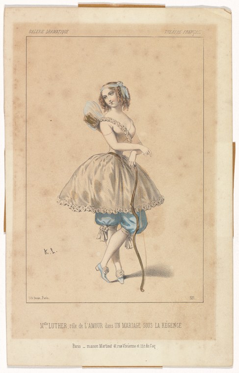 Hand-coloured lithographic portrait of a young female dancer in 1840s Romantic ballet costume: white tulle skirt, corseted bodice, ringlets, feather fan.