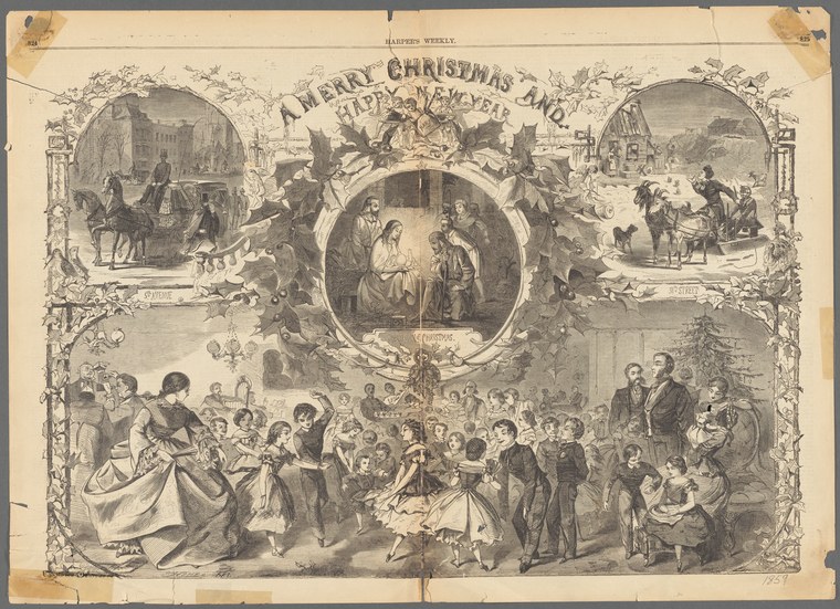 Victorian-era engraving showing crowded ballroom with couples in formal dress dancing waltzes and polkas, surrounded by Christmas scenes.