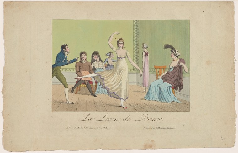 A male dance master in blue coat demonstrates arm movements to four women in Regency gowns inside a neoclassical room.