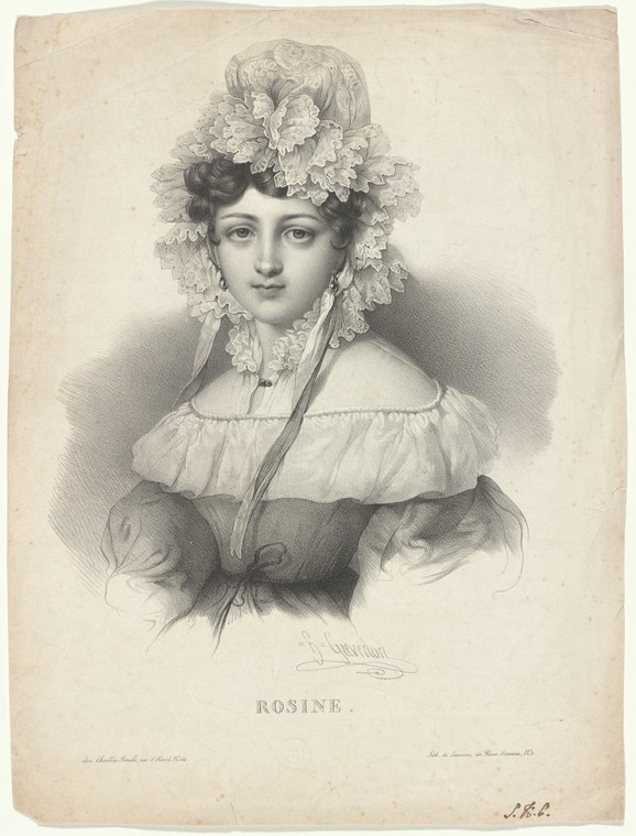 Regency-era engraving of a woman in white lace headdress and off-shoulder dress, facing forward in formal portrait pose.