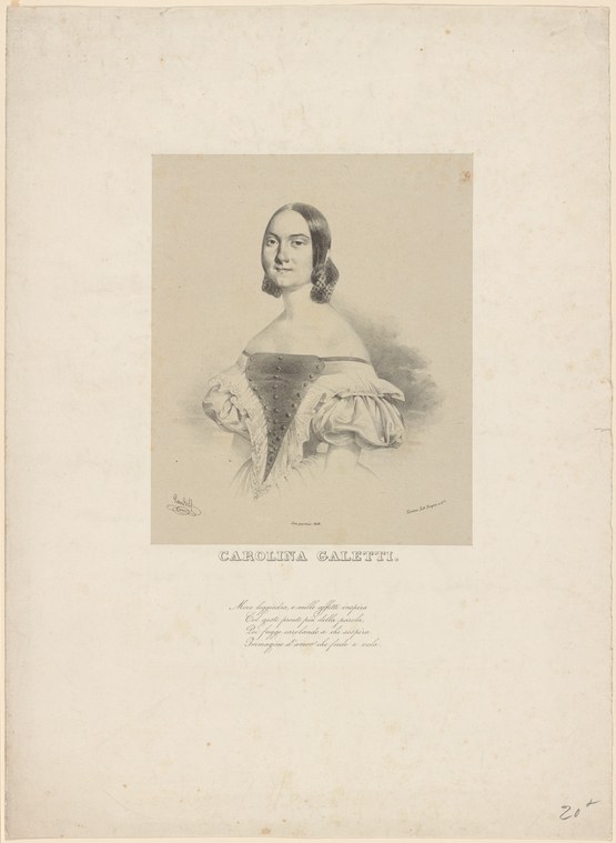 Portrait engraving of Carolina Galetti, a woman in dark bodice with white puffed sleeves, facing slightly left, against a plain background.