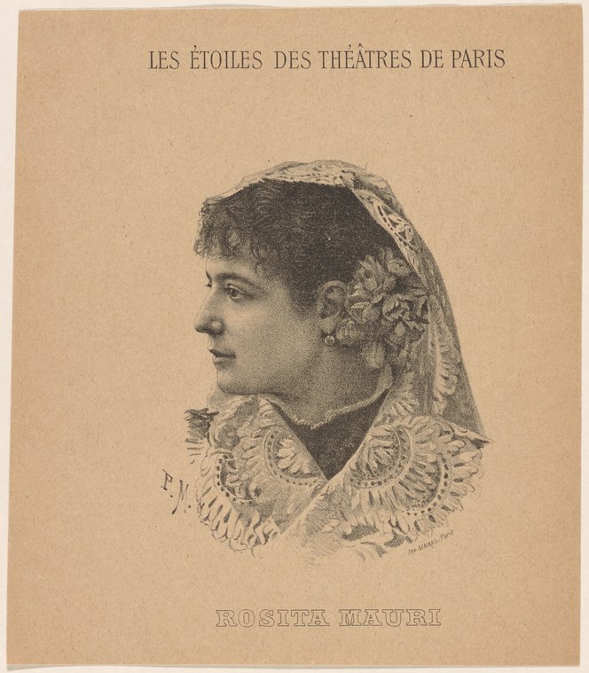 Portrait of a woman in profile wearing an elaborate lace collar and headdress, identified below as Rosita Mauri.